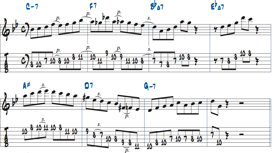 Bbメジャー、Gマイナーの251リックを使った練習3楽譜