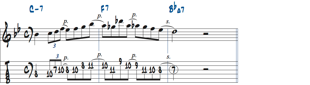 Bbメジャー251リックを変化させる3連符楽譜1