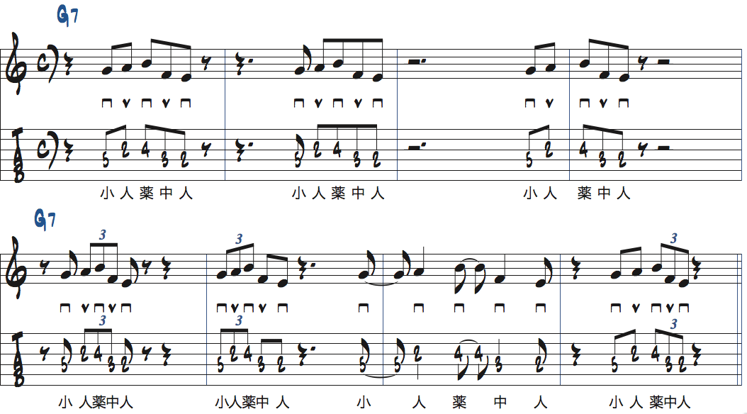 G7で使えるGミクソリディアンスケールのジャズフレーズ・リック1の弾く位置を変えた楽譜
