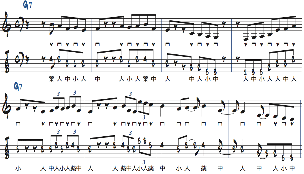 Gミクソリディアンスケール・リック1のアレンジを使ったアドリブ例楽譜