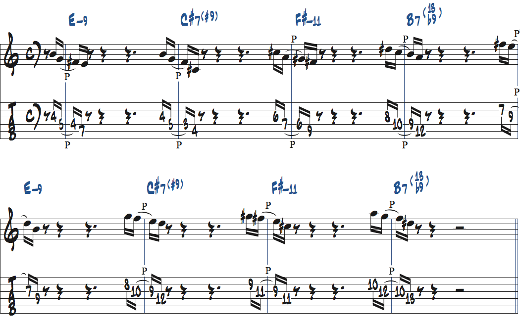 Ed MottaのSmileのアドリブセクションコード進行で4音モチーフを使ったアドリブ練習楽譜