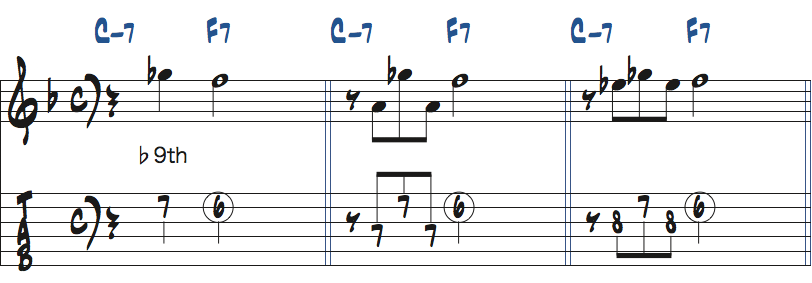 Cm7-F7-Bb7で使えるリック1の分析1小節め楽譜