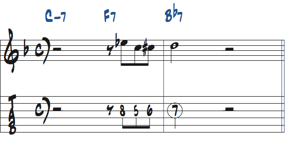 Cm7-F7-Bb7で使えるリック1の分析2小節め楽譜