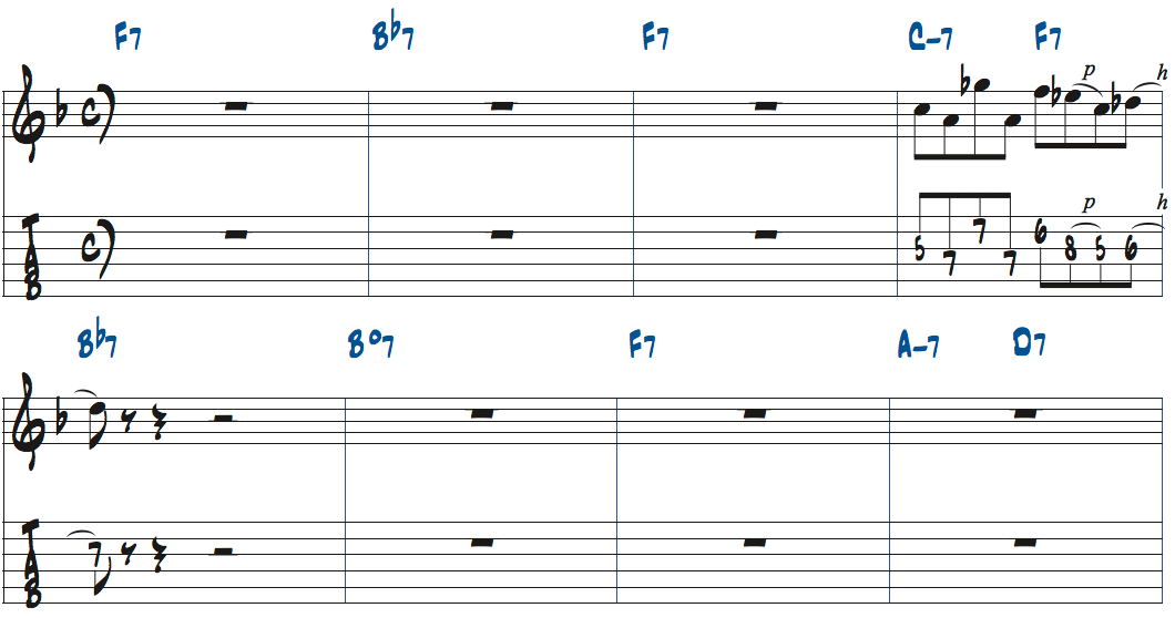 Cm7-F7-Bb7で使えるリック1をジャズブルースで使った楽譜