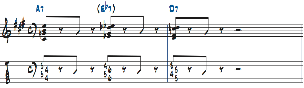 D7へEb7からアプローチするジョシュ・スミスのクロマチック楽譜
