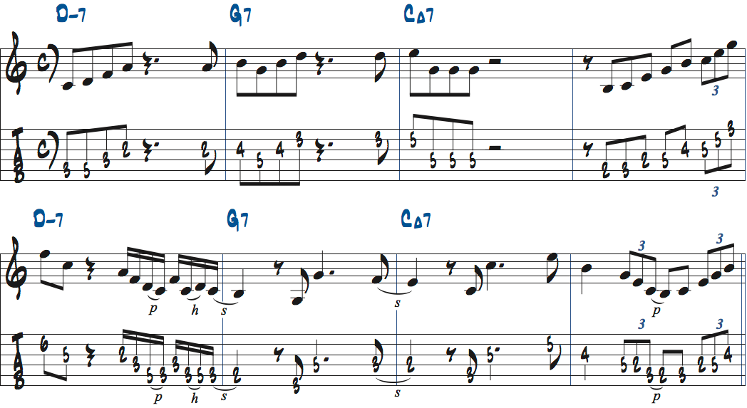 さまざまなリズムパターンを使ったDm7-G7-CMa7でのコードトーンアドリブ例楽譜