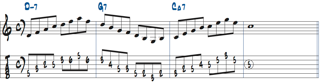 Dm7-G7-CMa7の各コードトーンをスムーズにつなげる練習楽譜