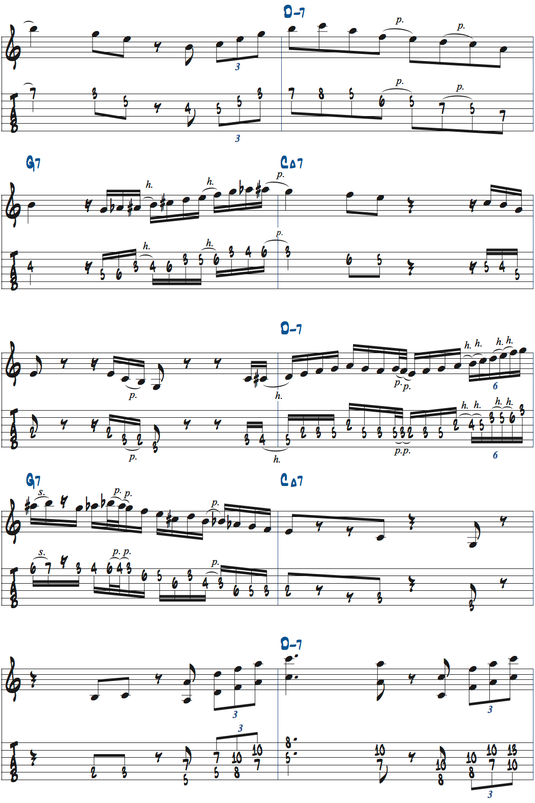 Dm7-G7-CMa7でのアドリブ例ページ2楽譜