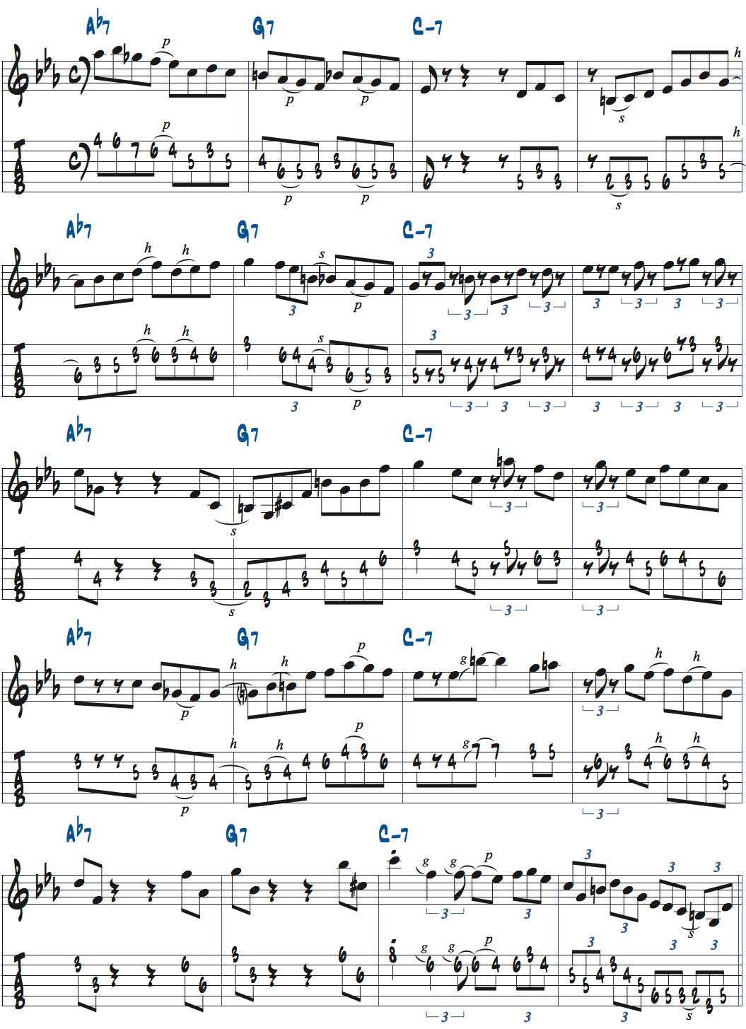 Ab7-G7-Cm7でのアドリブ例楽譜