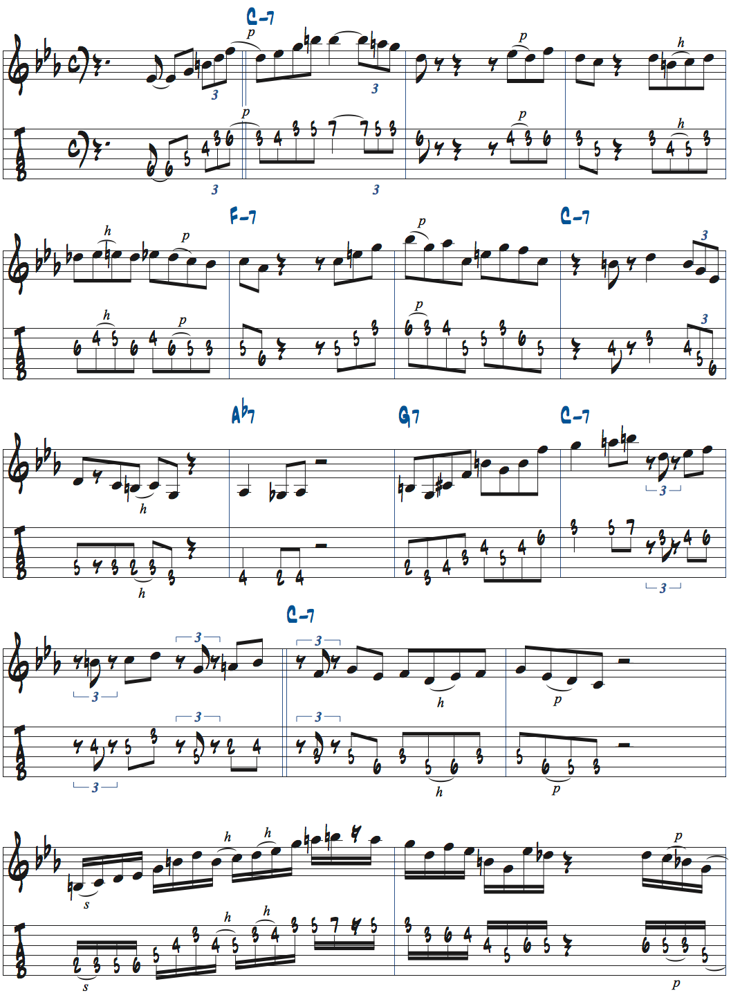 メロディックマイナースケールを使ったCマイナーブルースでのアドリブ例楽譜ページ1