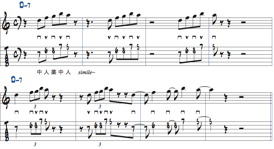 Dm7で使えるDドリアンスケールのジャズフレーズ・リック3の弾く位置を変えた楽譜