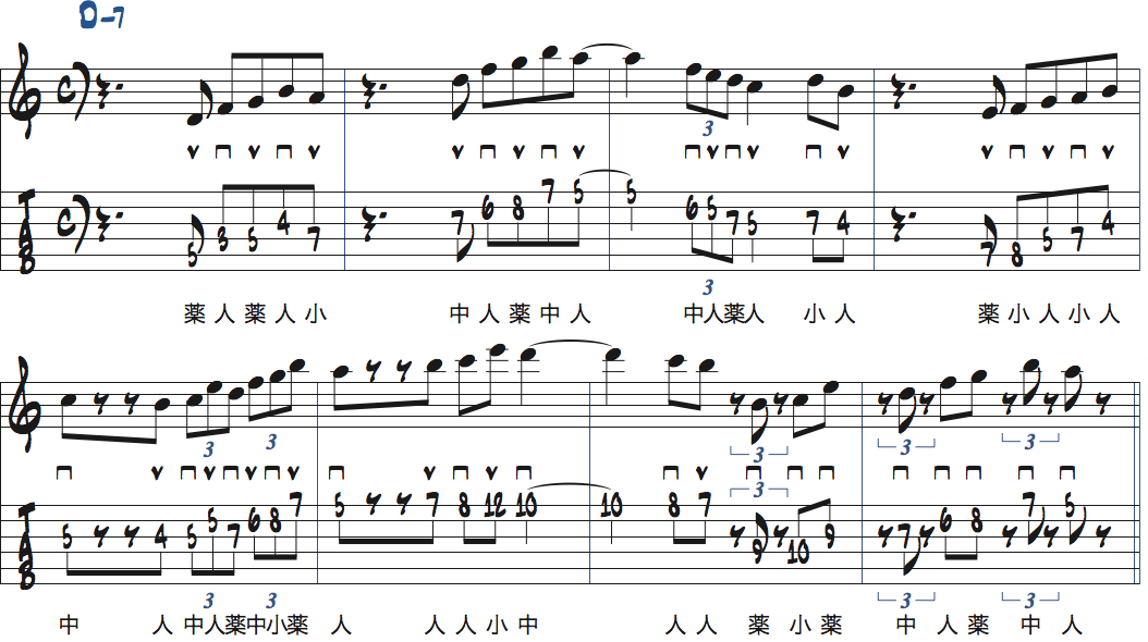 リック2の後ろにターゲットノート・ルートを加え、さらにアプローチノートを加えた楽譜