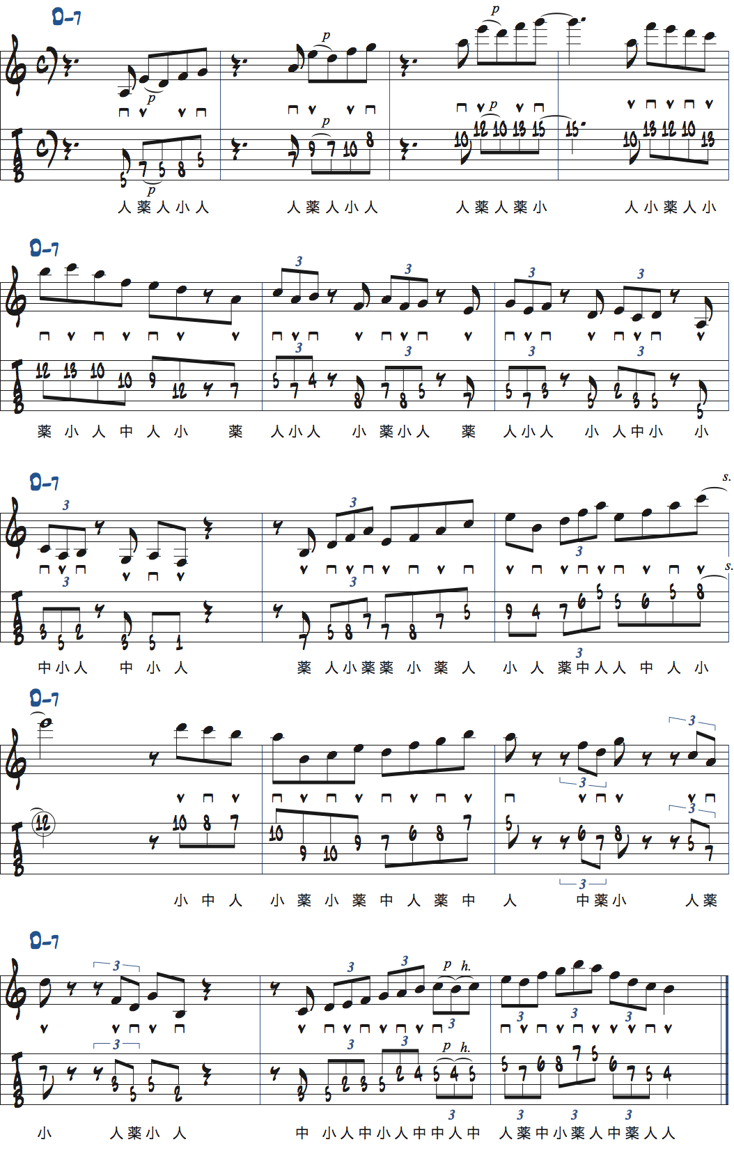 リックを使ったDm7コード上でのアドリブ例楽譜
