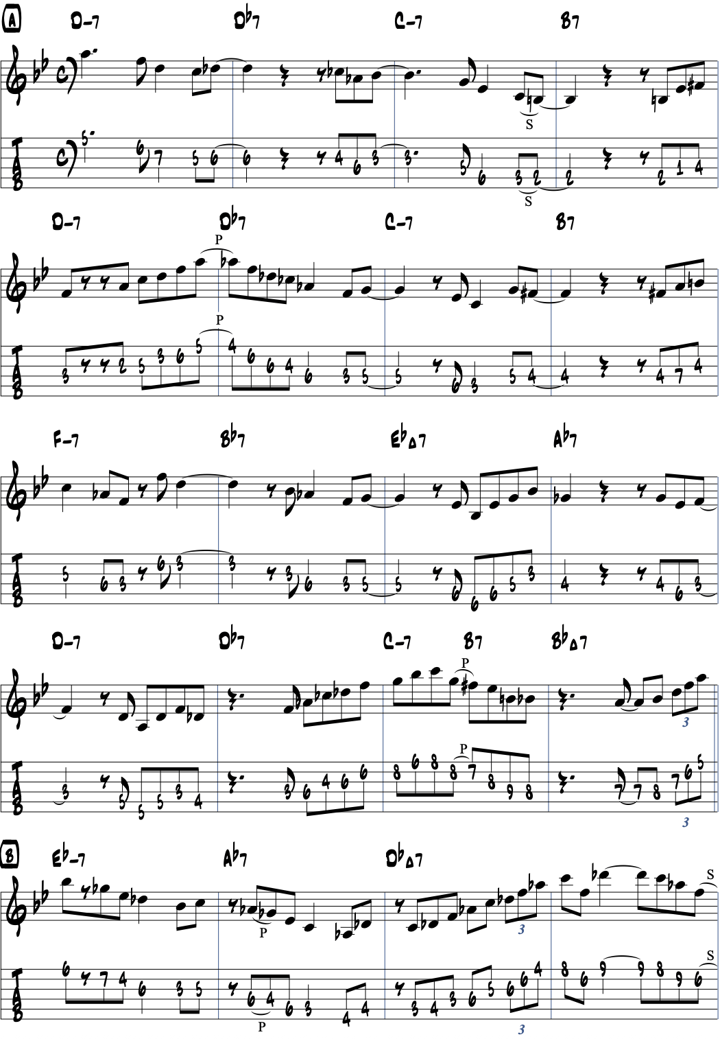 one note sambaのコード進行でコードトーンを使ったアドリブ例ページ1