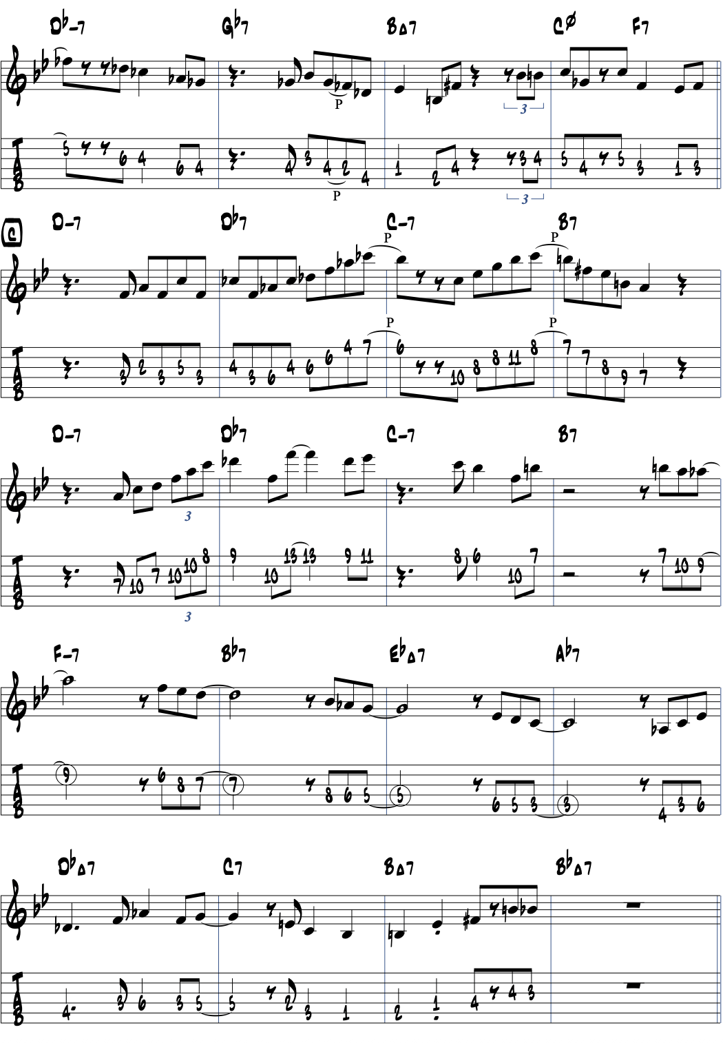 one note sambaのコード進行でコードトーンを使ったアドリブ例ページ2