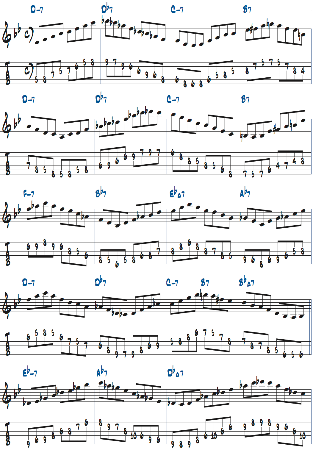 One Note Sambaのコード進行でコードトーンをつなげる練習ポジション2楽譜ページ1