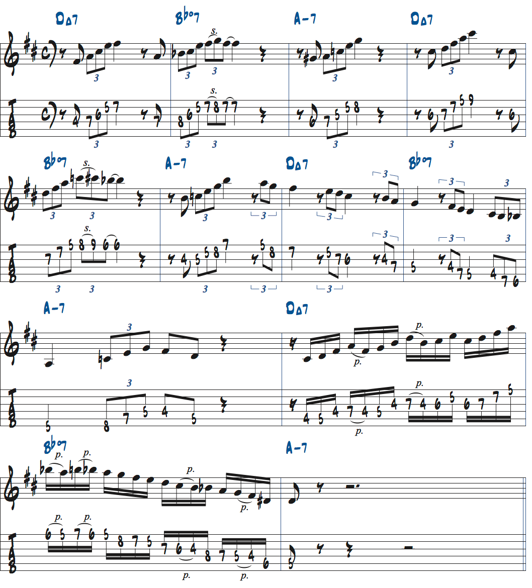 Bbdim7でDメジャービバップスケールを使った例1ルートから弾く楽譜