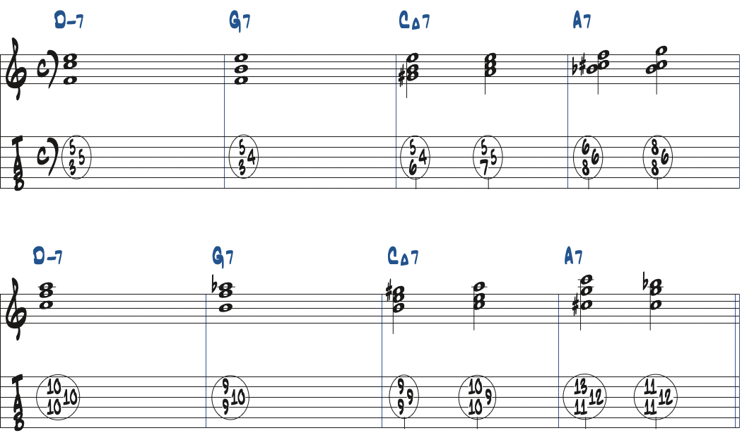 ii-v-i-viでMa7(#5)を使ったボイスリーディング楽譜