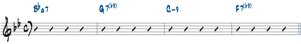 BbMa7-G7(b9)-Cm9-F7(b9)コード進行楽譜