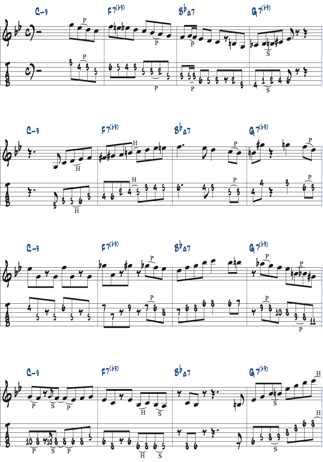 Cm9-F7(b9)-BbMa7-G7(b9)でのアドリブ例楽譜ページ1