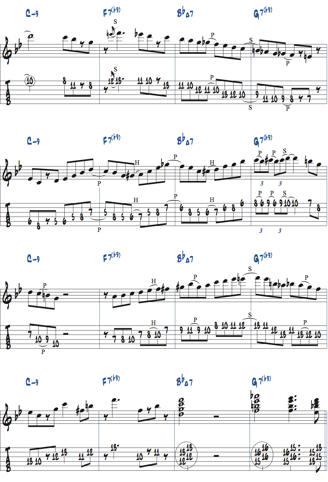 Cm9-F7(b9)-BbMa7-G7(b9)でのアドリブ例楽譜ページ2