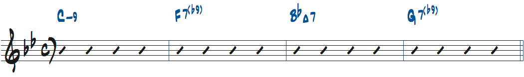 Cm9-F7(b9)-BbMa7-G7(b9)コード進行楽譜