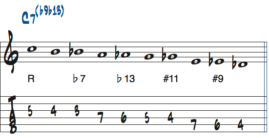 Ab7(b13)の10音ビバップスケールをC7（b9、b13）上でCから始めた楽譜
