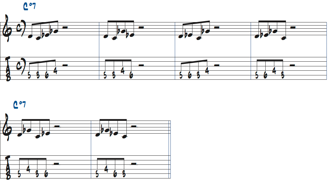 Cディミニッシュスケール4音パターン9th始まりタブ譜つき楽譜