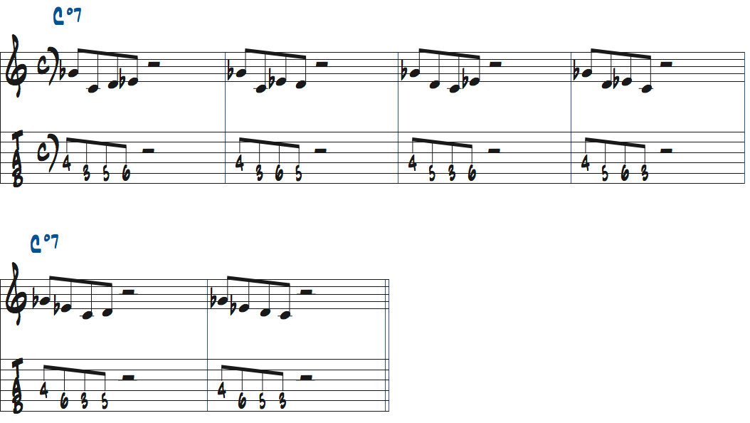 Cディミニッシュスケール4音パターンb5th始まりタブ譜つき楽譜