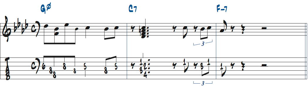 コードソロの基礎練習Gm7(b5)-C7-Fm7でのリック楽譜