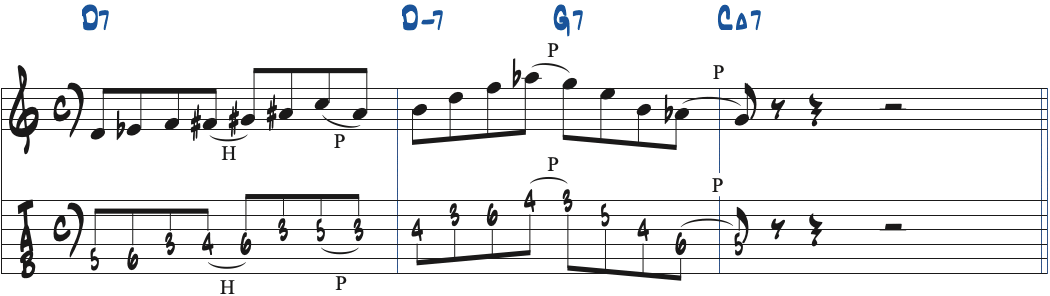 Dオルタードスケールを使ったD7-G7-CMaj7のリック楽譜