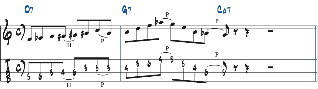 Dオルタードスケールを使ったD7-G7-CMaj7のリック楽譜
