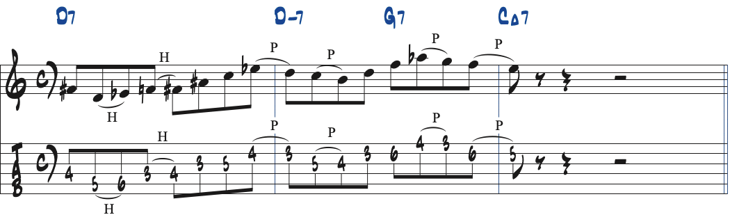 Dオルタードスケールを使ったD7-G7-CMaj7のリック楽譜
