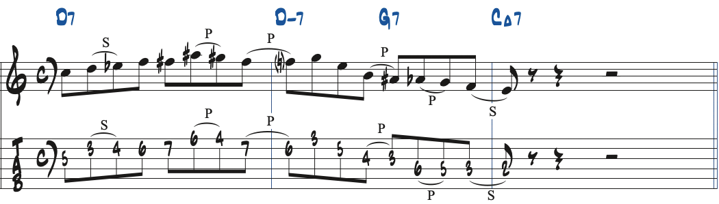 Dオルタードスケールを使ったD7-G7-CMaj7のリック楽譜