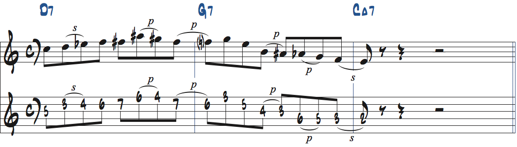 Dオルタードスケールを使ったD7-G7-CMaj7のリック楽譜