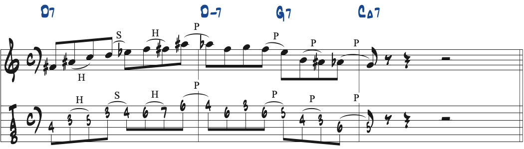 Dオルタードスケールを使ったD7-G7-CMaj7のリック楽譜