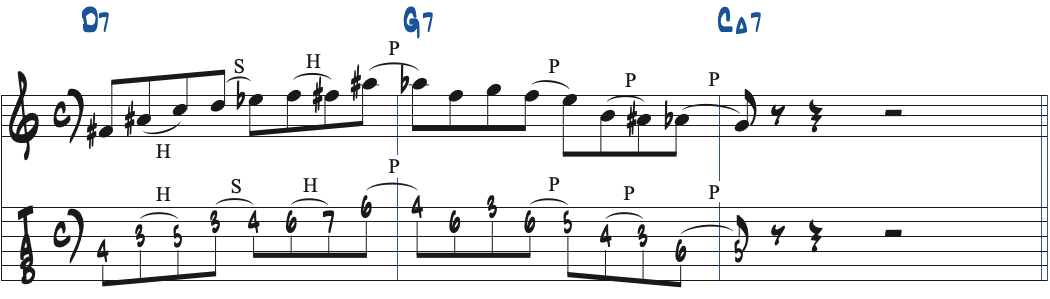 Dオルタードスケールを使ったD7-G7-CMaj7のリック楽譜