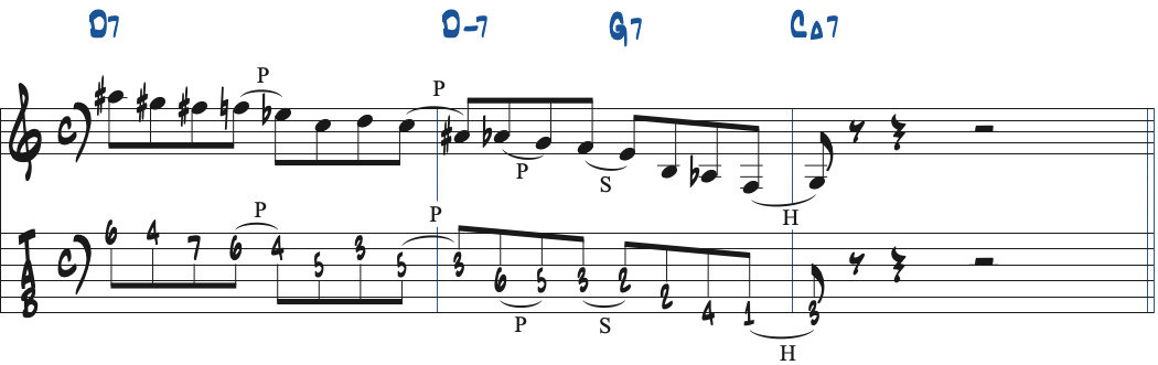 Dオルタードスケールを使ったD7-G7-CMaj7のリック楽譜