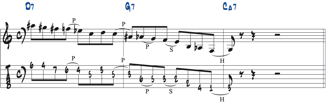 Dオルタードスケールを使ったD7-G7-CMaj7のリック楽譜