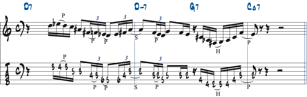 Dオルタードスケールを使ったD7-G7-CMaj7のリック楽譜