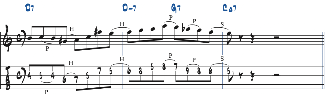 Dリディアンb7スケールを使ったリック2楽譜