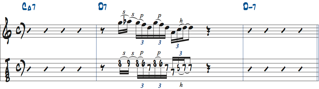 キーCのD7でDマイナーペンタトニックスケールを使った例楽譜