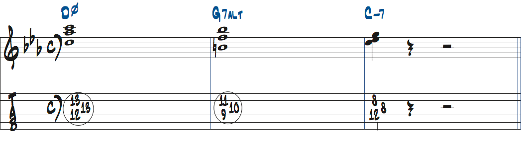 Cマイナーキーの251コンピングトップの音C-Bb-Gハイポジション楽譜