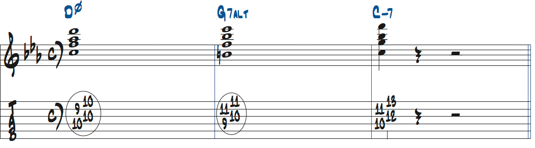 Cマイナーキーの251コンピングトップの音D-Eb-Fハイポジション楽譜