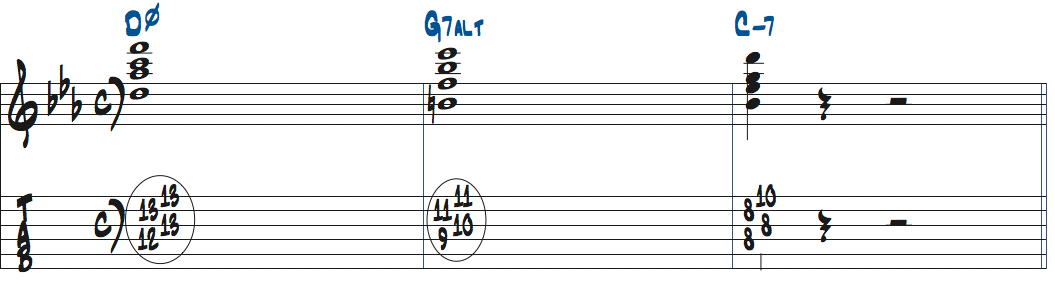 Cマイナーキーの251コンピングトップの音F-Eb-D楽譜