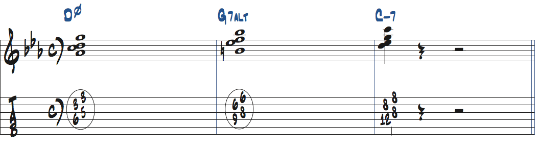 Cマイナーキーの251コンピングトップの音F-Eb-Dストレッチフォーム楽譜