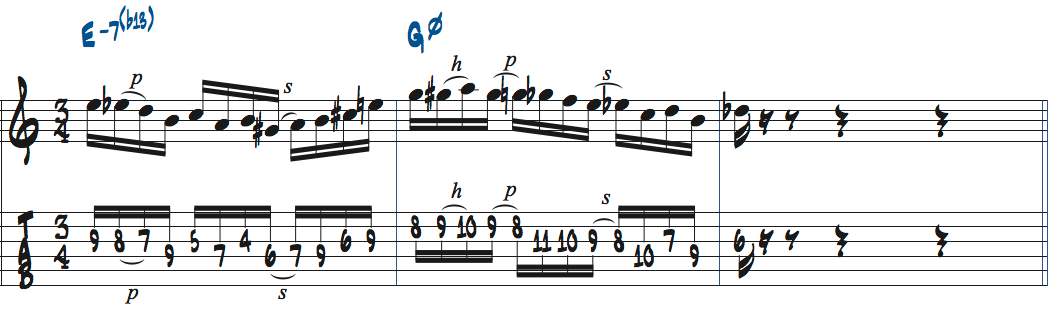 パットメセニーリック1をEm7(b13)-Gm7(b5)上で弾いた楽譜