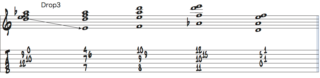 5-13-b7-b9テトラコードのドロップ3ボイシング楽譜
