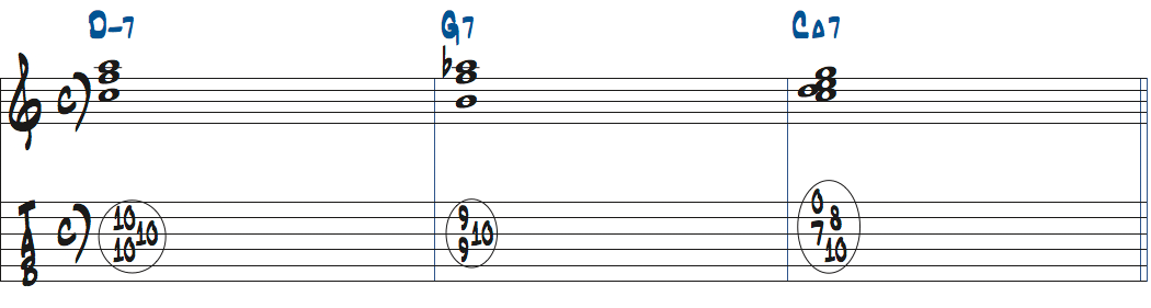 4弦ルートのテトラコードをII-V-Iで使った例楽譜