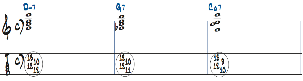 4弦ルートで弾くテトラコードドロップ2をII-V-Iで使った例楽譜